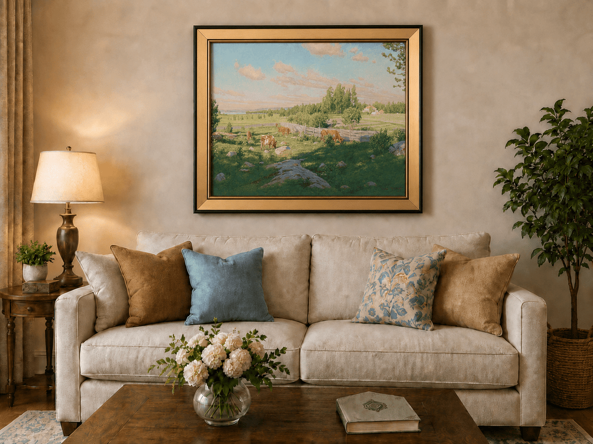 Peinture à l'huile de paysage - Pâturage paisible avec vaches au pâturage