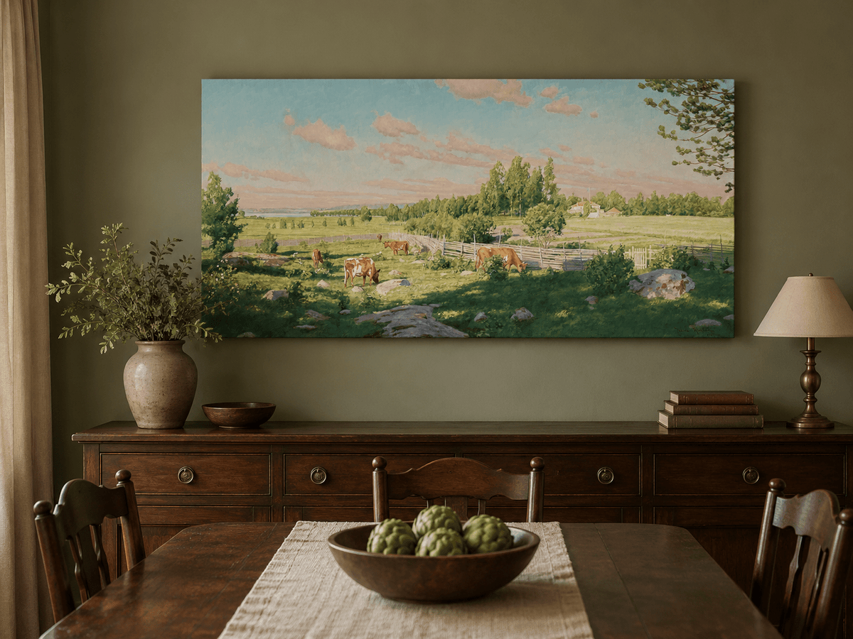 Peinture à l'huile de paysage - Pâturage paisible avec vaches au pâturage