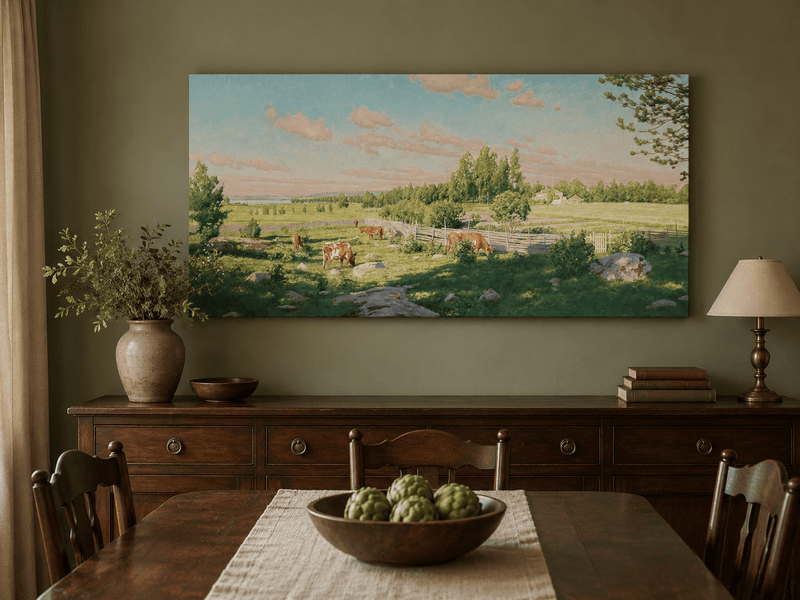 Peinture à l'huile de paysage - Pâturage paisible avec vaches au pâturage