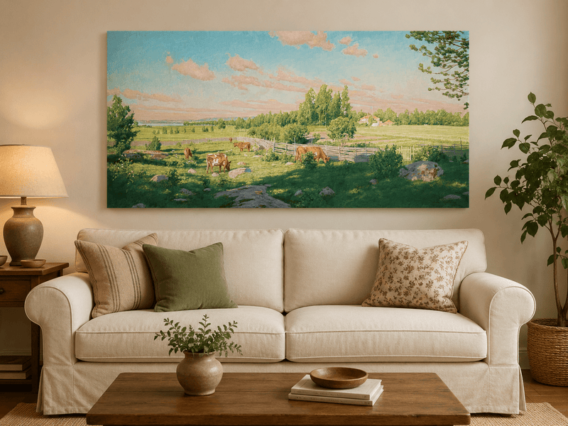 Peinture à l'huile de paysage - Pâturage paisible avec vaches au pâturage