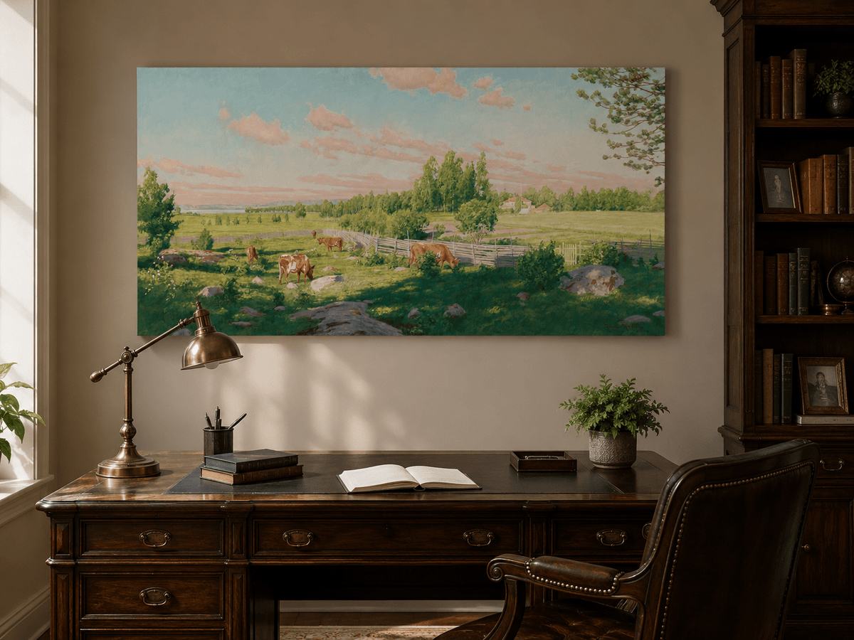 Peinture à l'huile de paysage - Pâturage paisible avec vaches au pâturage