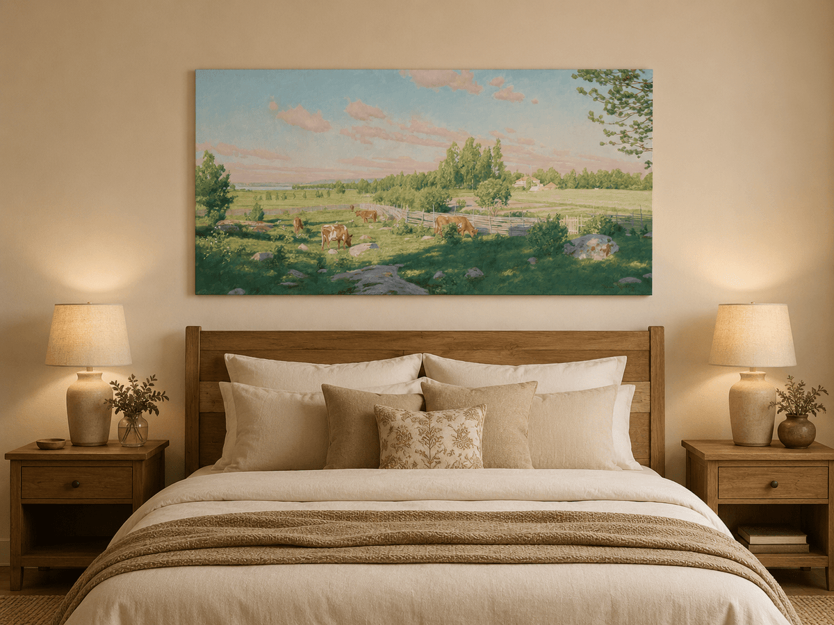 Peinture à l'huile de paysage - Pâturage paisible avec vaches au pâturage