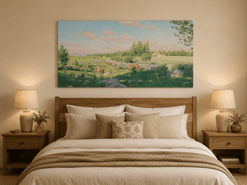 Peinture à l'huile de paysage - Pâturage paisible avec vaches au pâturage