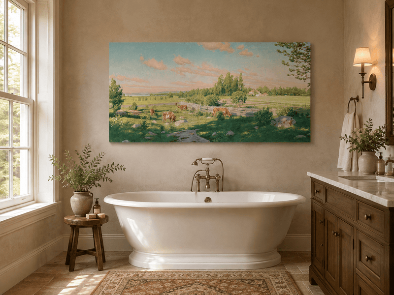 Peinture à l'huile de paysage - Pâturage paisible avec vaches au pâturage