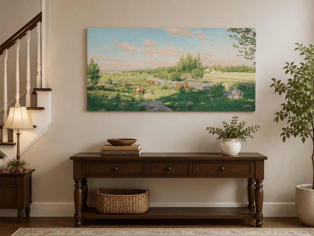 Peinture à l'huile de paysage - Pâturage paisible avec vaches au pâturage