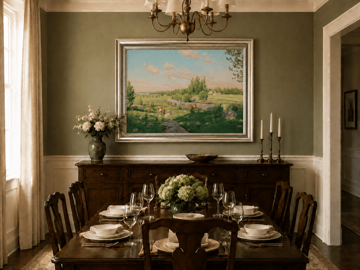 Peinture à l'huile de paysage - Pâturage paisible avec vaches au pâturage