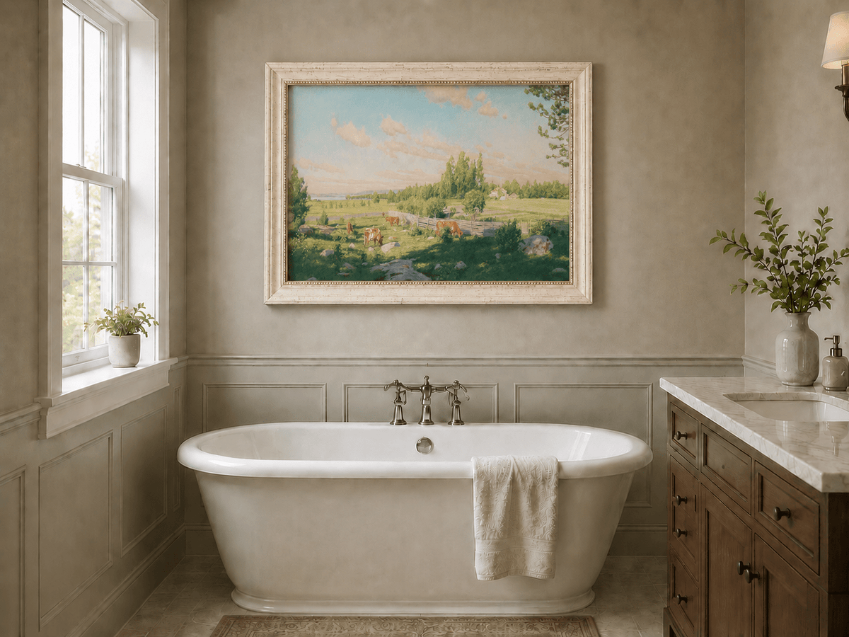 Peinture à l'huile de paysage - Pâturage paisible avec vaches au pâturage