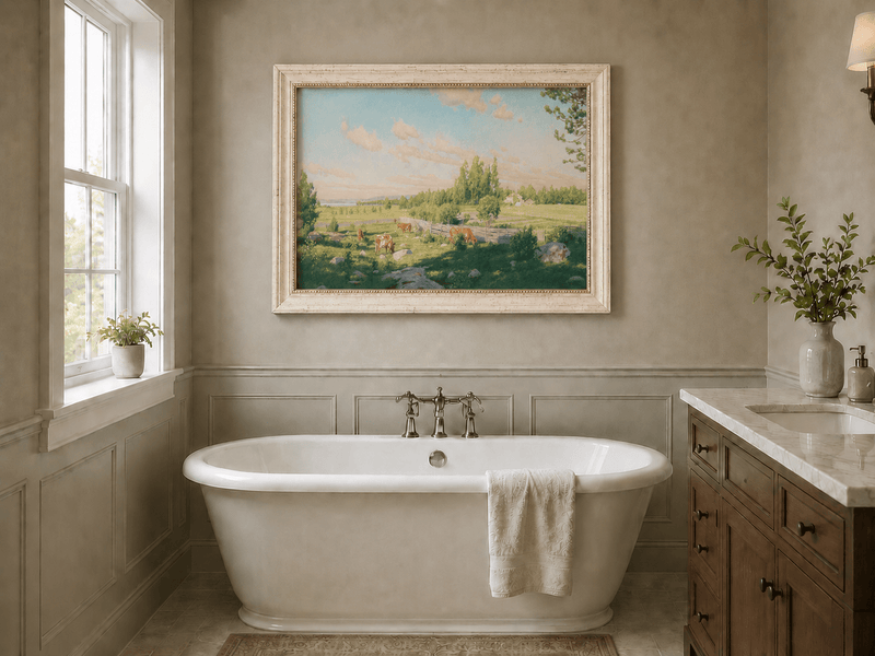 Peinture à l'huile de paysage - Pâturage paisible avec vaches au pâturage