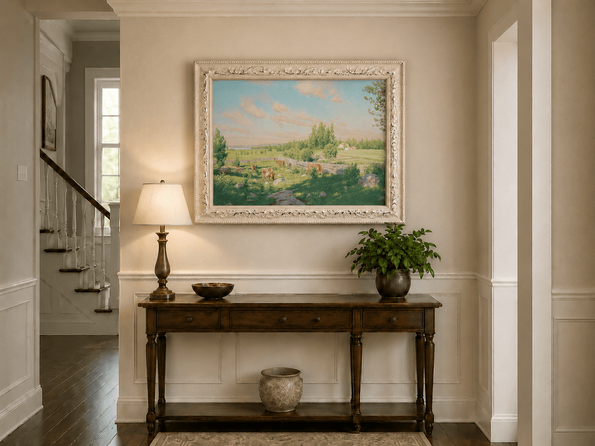 Peinture à l'huile de paysage - Pâturage paisible avec vaches au pâturage