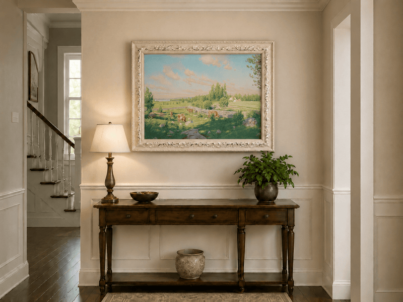 Peinture à l'huile de paysage - Pâturage paisible avec vaches au pâturage