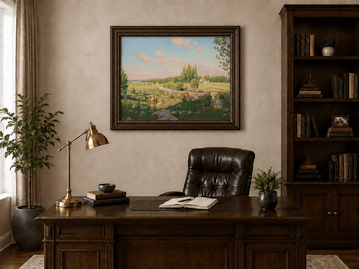 Peinture à l'huile de paysage - Pâturage paisible avec vaches au pâturage
