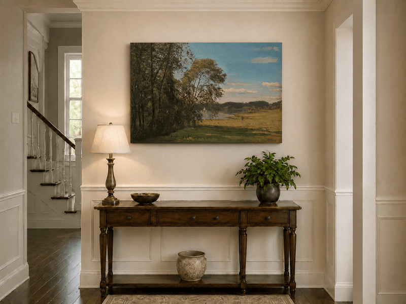 Landscape Oil Painting - Peaceful Riverside Meadow & Distant