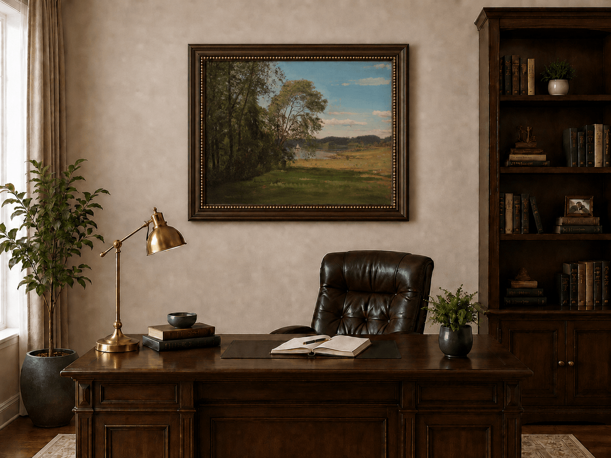 Landscape Oil Painting - Peaceful Riverside Meadow & Distant