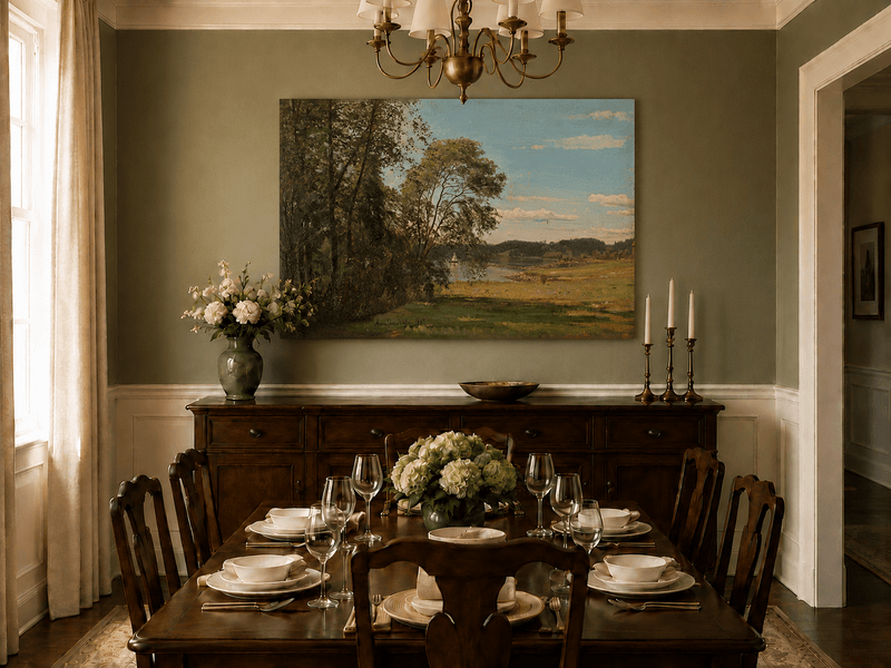 Landscape Oil Painting - Peaceful Riverside Meadow & Distant