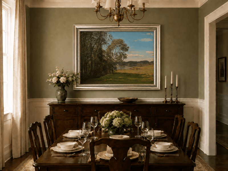 Landscape Oil Painting - Peaceful Riverside Meadow & Distant