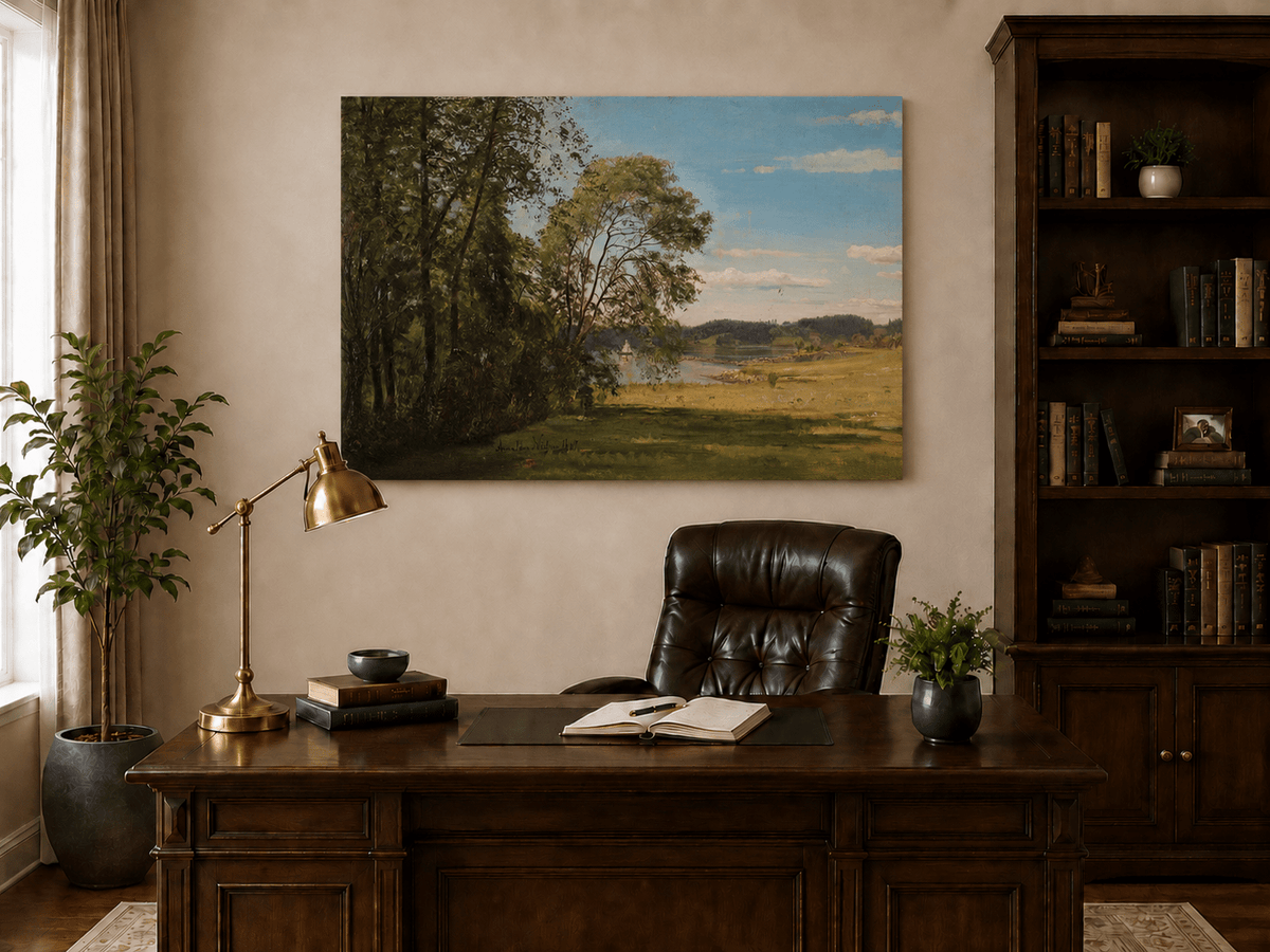 Landscape Oil Painting - Peaceful Riverside Meadow & Distant