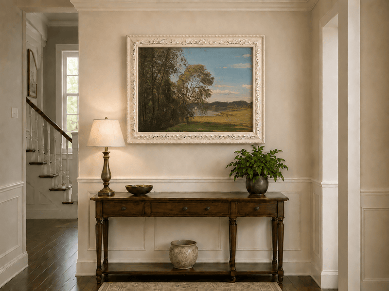 Landscape Oil Painting - Peaceful Riverside Meadow & Distant
