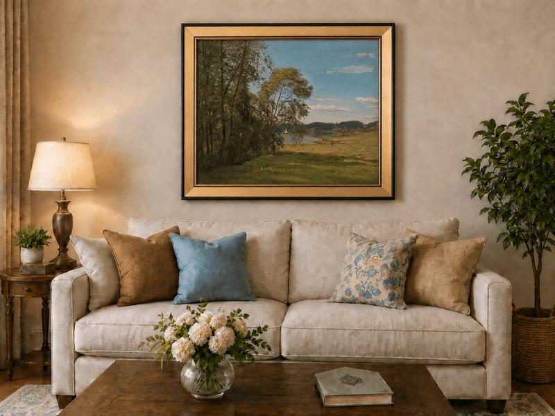 Landscape Oil Painting - Peaceful Riverside Meadow & Distant