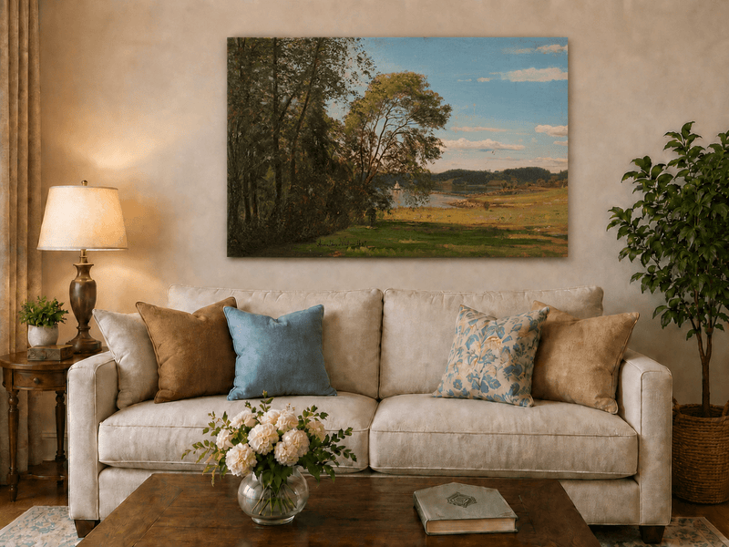 Landscape Oil Painting - Peaceful Riverside Meadow & Distant