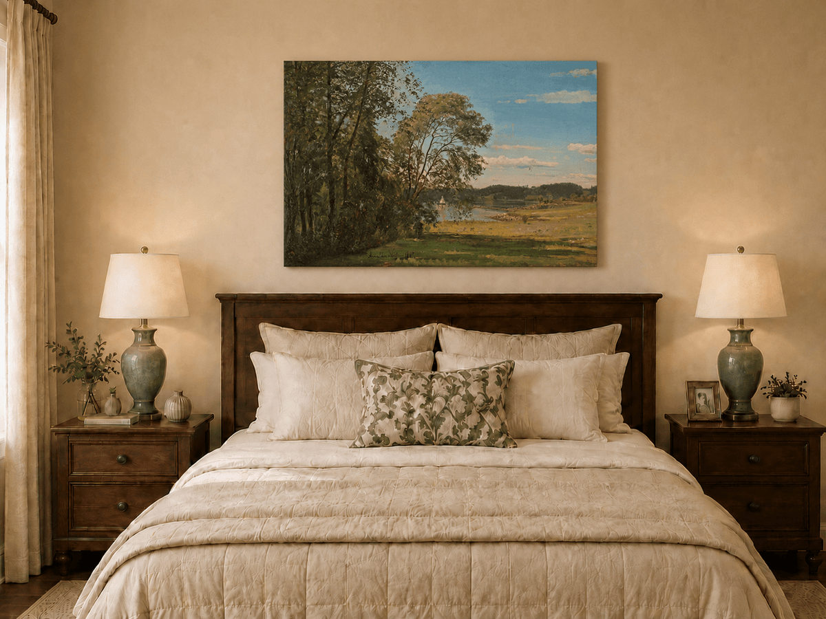 Landscape Oil Painting - Peaceful Riverside Meadow & Distant