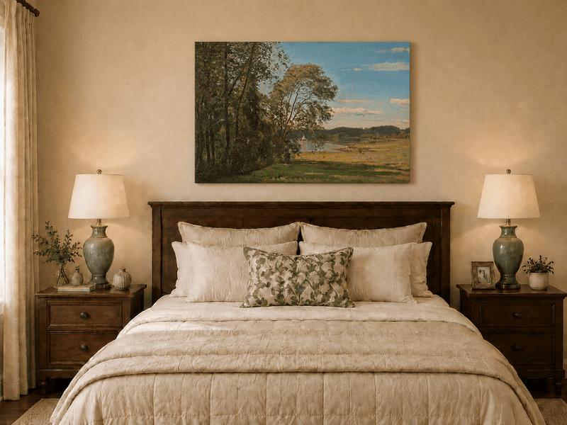 Landscape Oil Painting - Peaceful Riverside Meadow & Distant