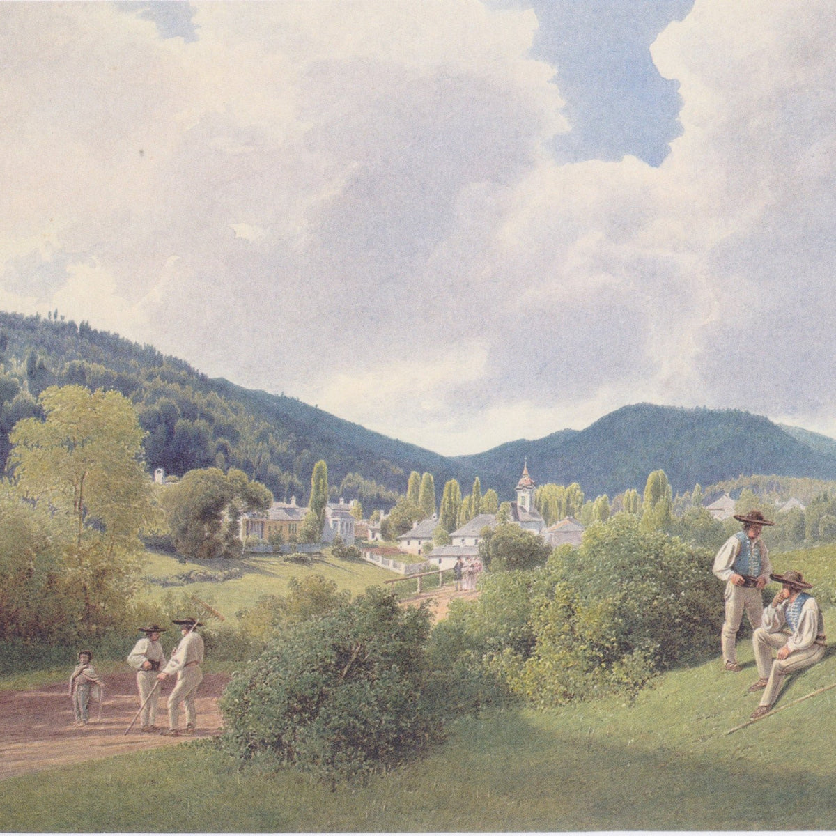 Hand-painted peaceful village in a green valley landscape oil painting on canvas