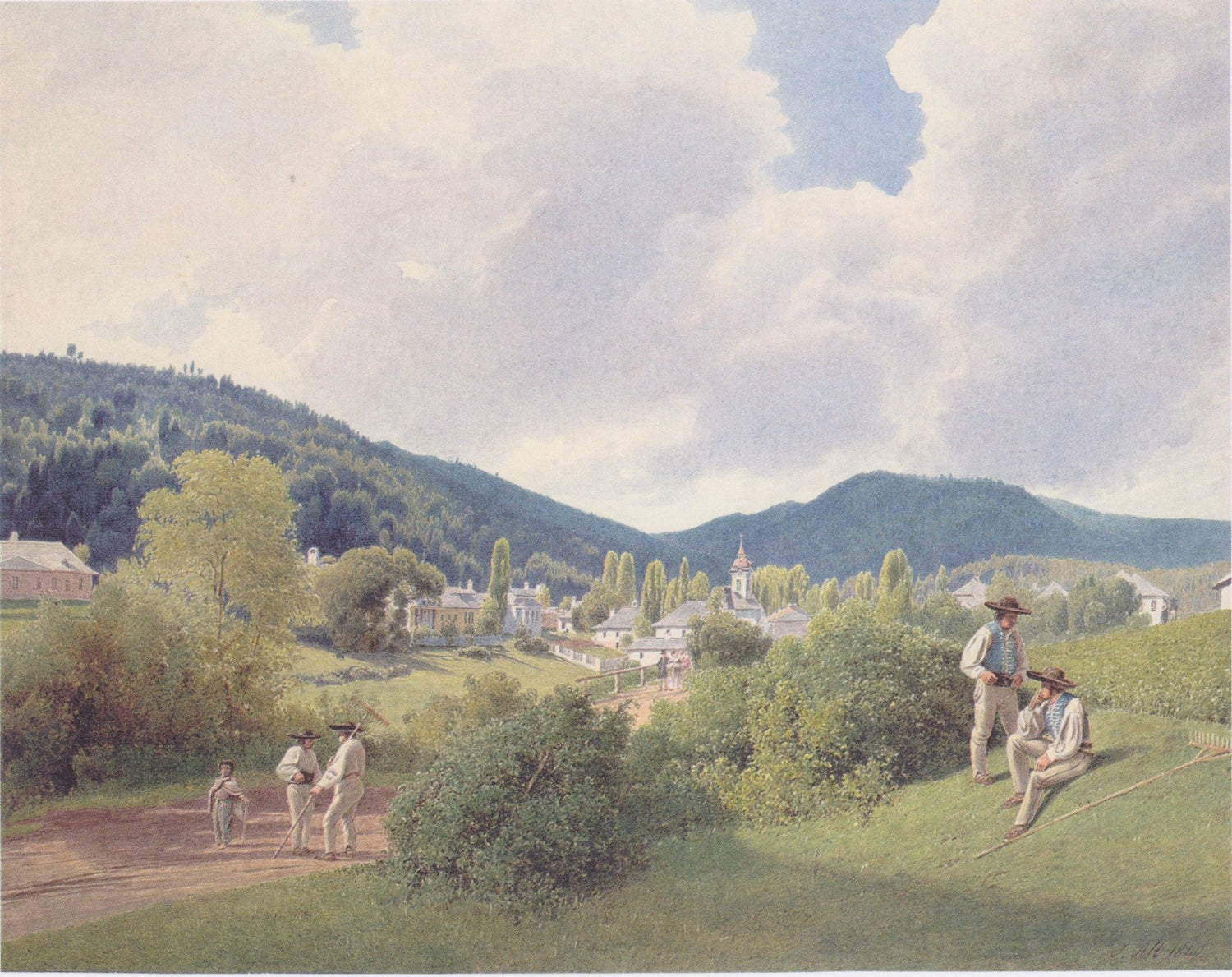 Hand-painted peaceful village in a green valley landscape oil painting on canvas