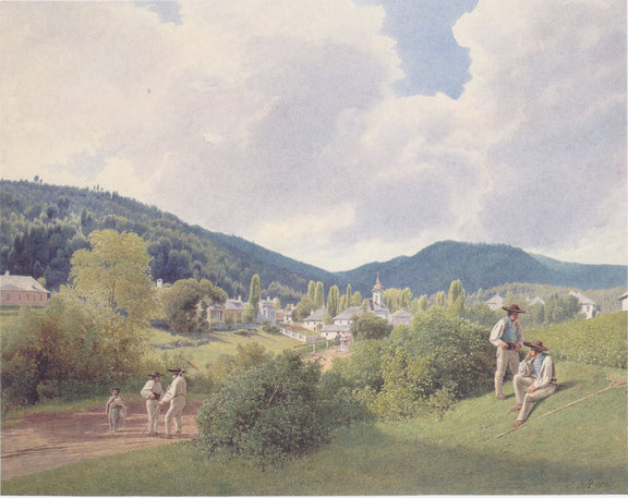 Hand-painted peaceful village in a green valley landscape oil painting on canvas