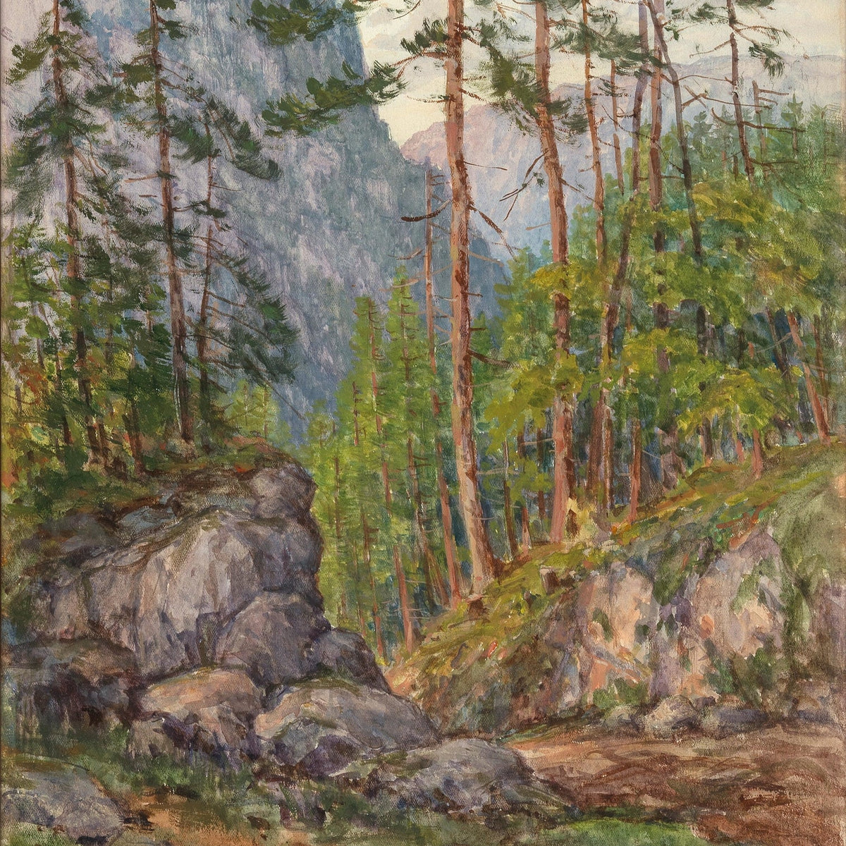 Hand-painted pine forest and mountain valley scene landscape oil painting on canvas