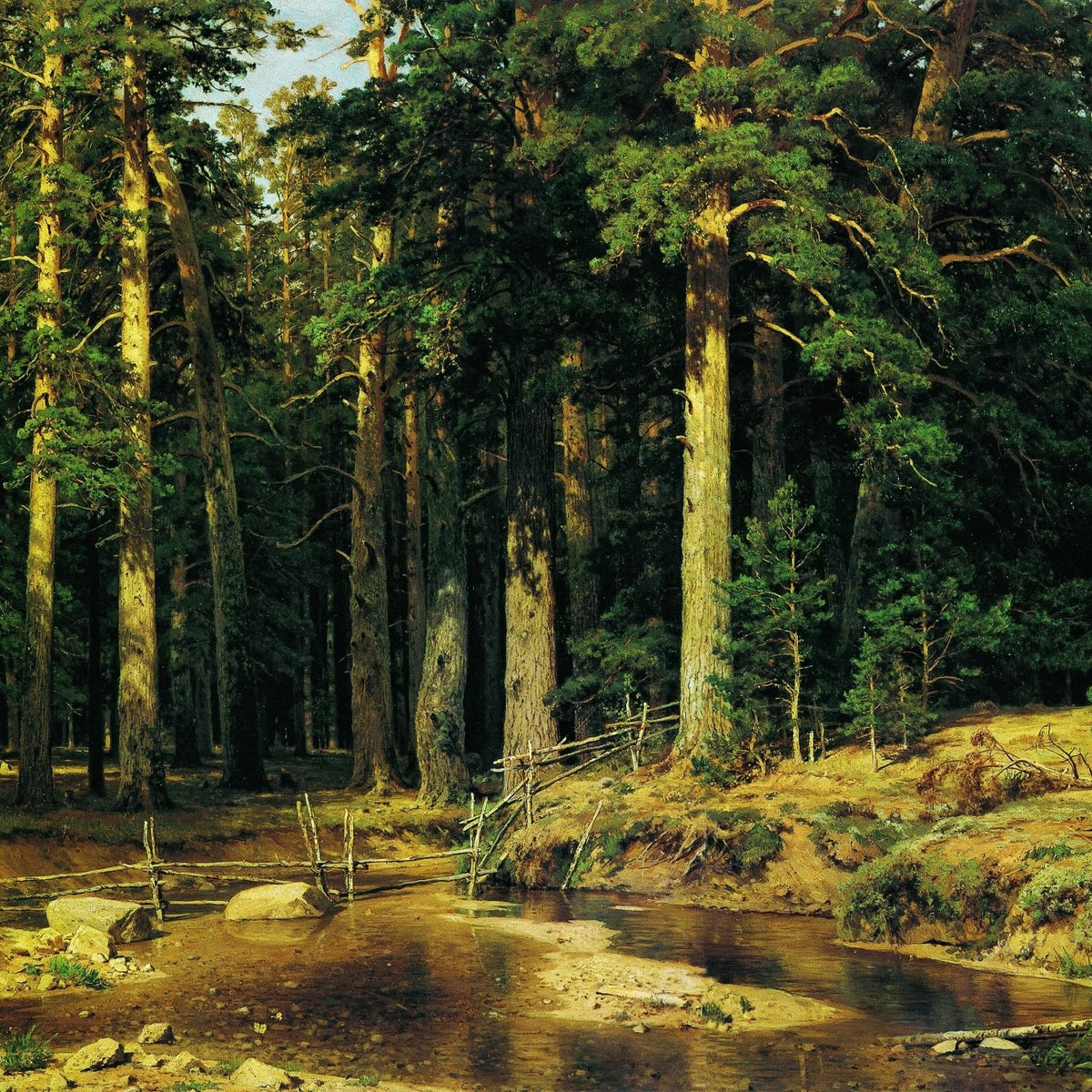 Landscape Oil Painting - Pine Forest Stream and Rustic Bridge - Oil Painting Haven