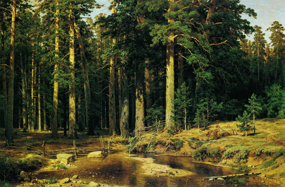 Landscape Oil Painting - Pine Forest Stream and Rustic Bridge - Oil Painting Haven