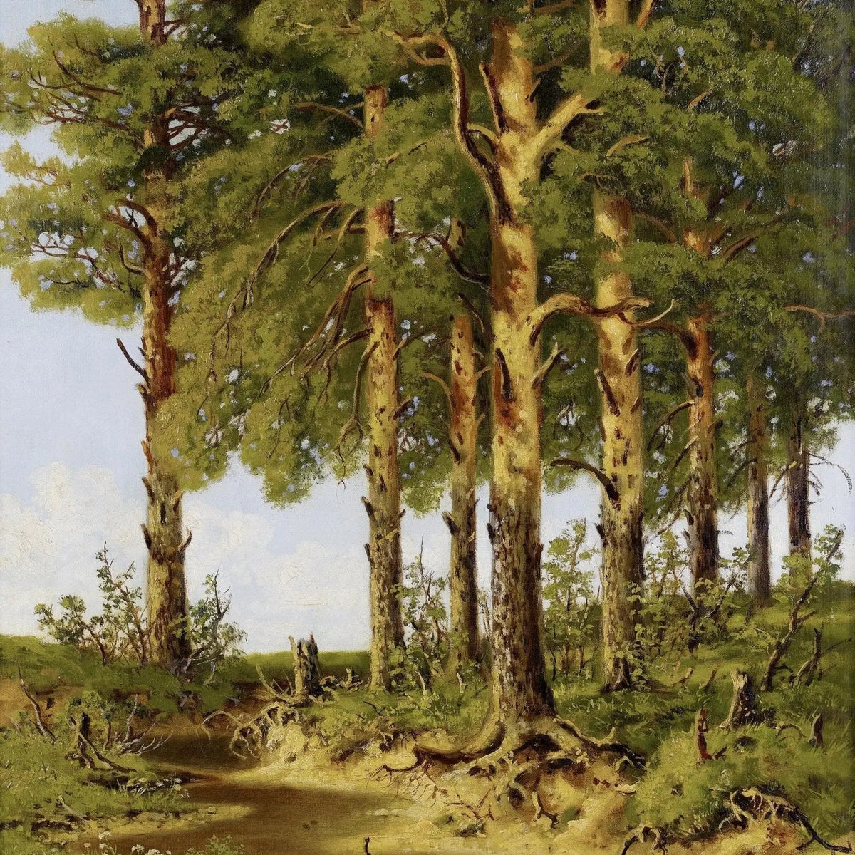 Landscape Oil Painting - Pine Forest with Stream Wall Art - Oil Painting Haven