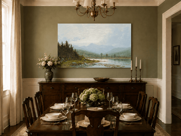 Unframed hand-painted lake shore oil painting with pine shade, still water and mountain peaks displayed above a formal dining table.