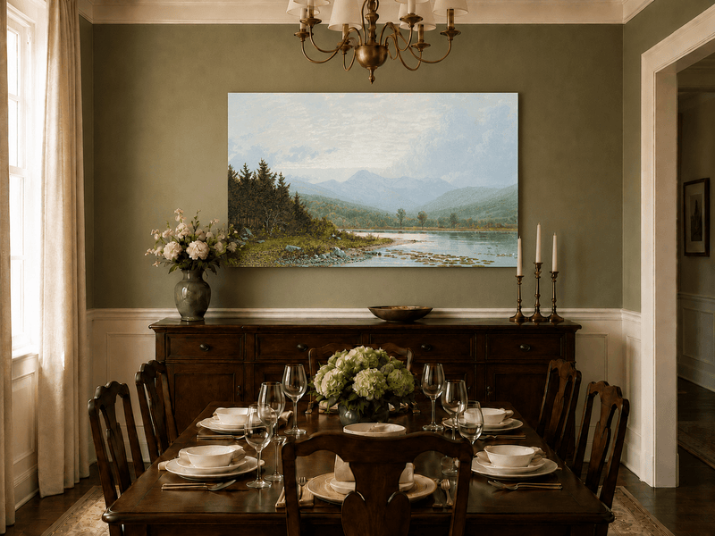 Unframed hand-painted lake shore oil painting with pine shade, still water and mountain peaks displayed above a formal dining table.