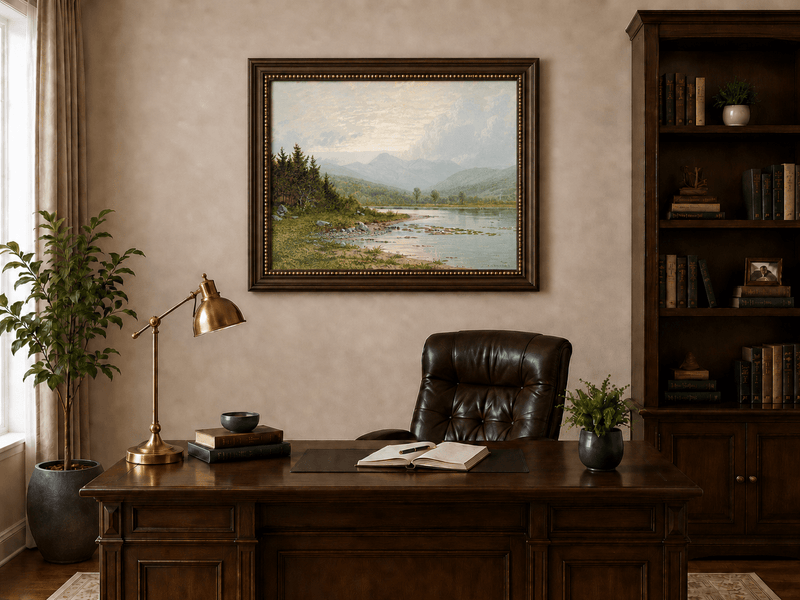 Framed hand-painted lake shore oil painting with pine shade, still water and mountain peaks displayed above a traditional home office desk.