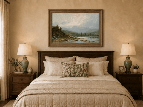 Framed hand-painted lake shore oil painting with pine shade, still water and mountain peaks displayed above a wooden bed in a neutral bedroom.
