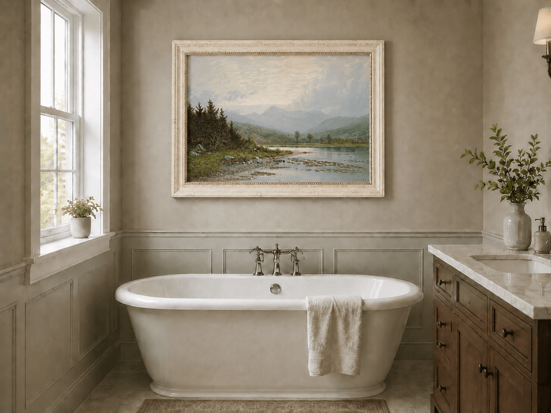 Framed hand-painted lake shore oil painting with pine shade, still water and mountain peaks displayed above a freestanding bathtub.