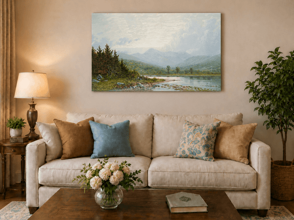 Unframed hand-painted lake shore oil painting with pine shade, still water and mountain peaks displayed above a neutral living room sofa.