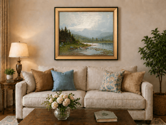 Framed hand-painted lake shore oil painting with pine shade, still water and mountain peaks displayed above a neutral living room sofa.