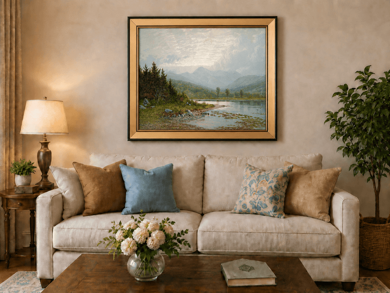 Framed hand-painted lake shore oil painting with pine shade, still water and mountain peaks displayed above a neutral living room sofa.