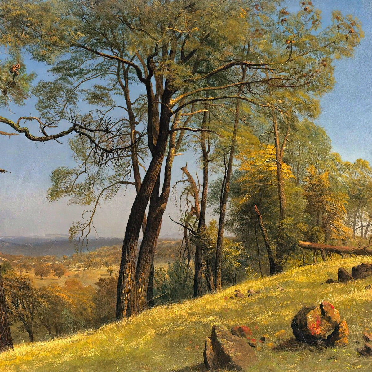 Peinture à l'huile de paysage - Rivière printanière avec pêcheur et arbres