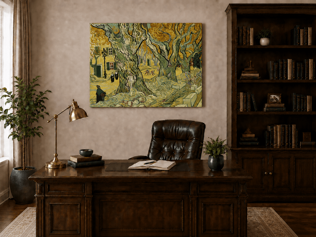 Landscape Oil Painting - Plane Trees and Road Menders in Arles