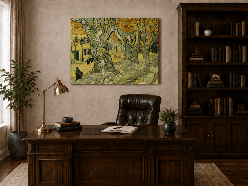 Landscape Oil Painting - Plane Trees and Road Menders in Arles