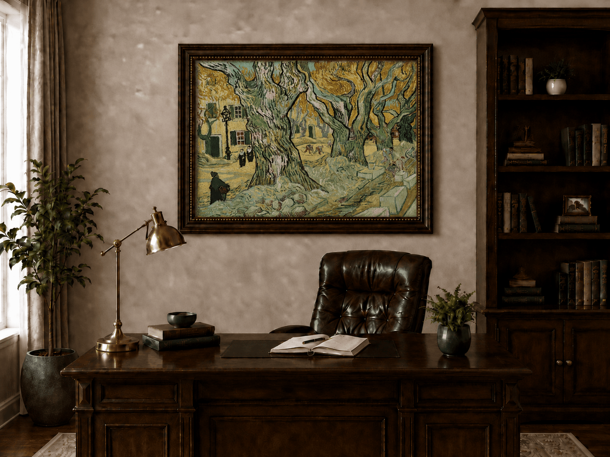 Landscape Oil Painting - Plane Trees and Road Menders in Arles