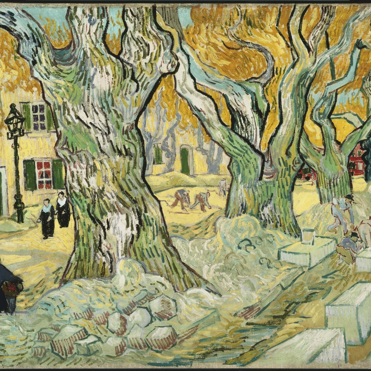 Landscape Oil Painting - Plane Trees and Road Menders in Arles - Oil Painting Haven
