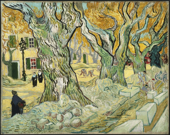 Landscape Oil Painting - Plane Trees and Road Menders in Arles - Oil Painting Haven