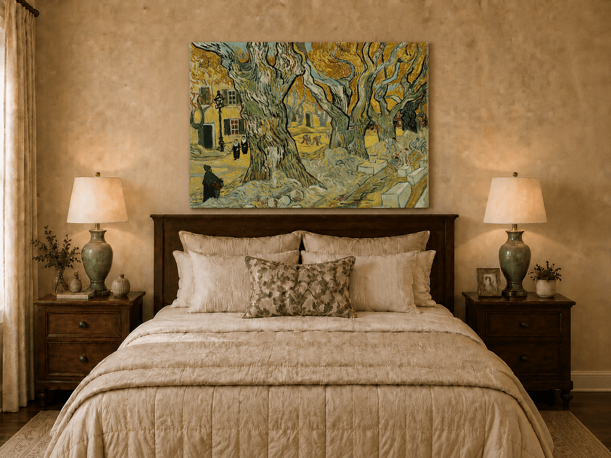Landscape Oil Painting - Plane Trees and Road Menders in Arles