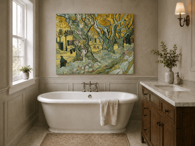 Landscape Oil Painting - Plane Trees and Road Menders in Arles