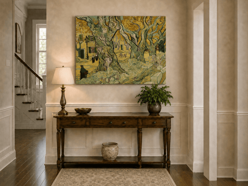 Landscape Oil Painting - Plane Trees and Road Menders in Arles