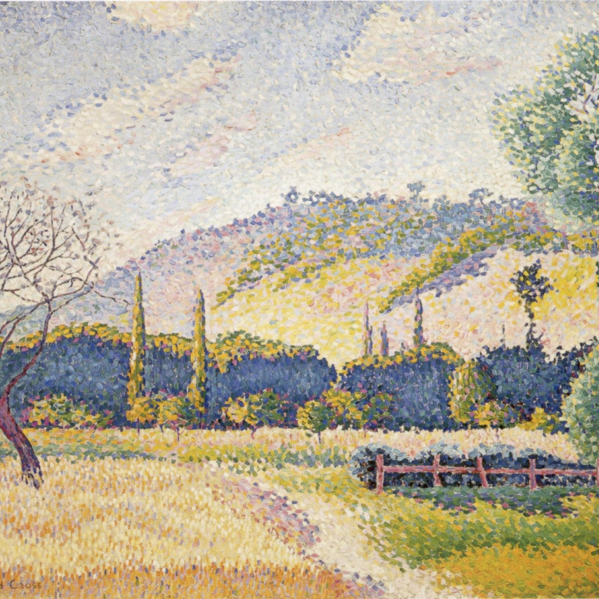 Landscape Oil Painting - Pointillist Meadow with Cypress Hills - Oil Painting Haven